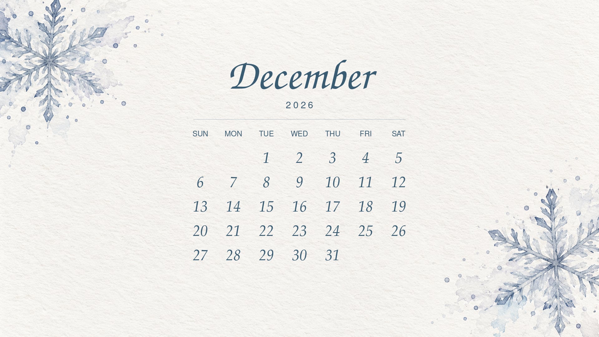 December 2026 desktop calendar with blue script lettering and watercolour snowflakes in opposite corners of ivory paper.