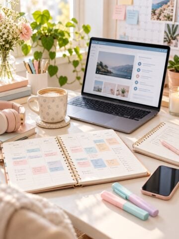 Weekly study plan open on a bright desk beside a laptop, notebook, coffee, and colorful highlighters for organized online studying.