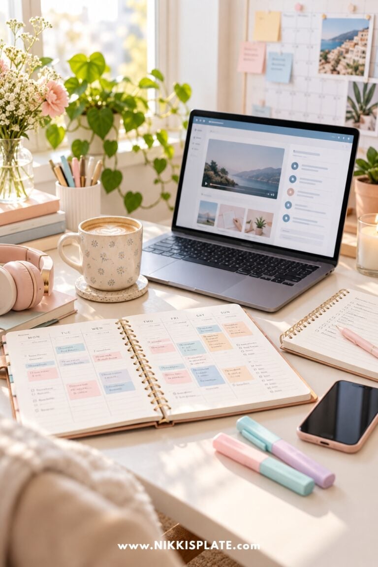Weekly study plan open on a bright desk beside a laptop, notebook, coffee, and colorful highlighters for organized online studying.