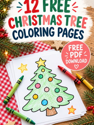 Twelve free Christmas tree coloring pages for kids featuring a black-and-white Christmas tree snow globe printable, festive crayons, warm Christmas lights, and a perfect for kids banner.
