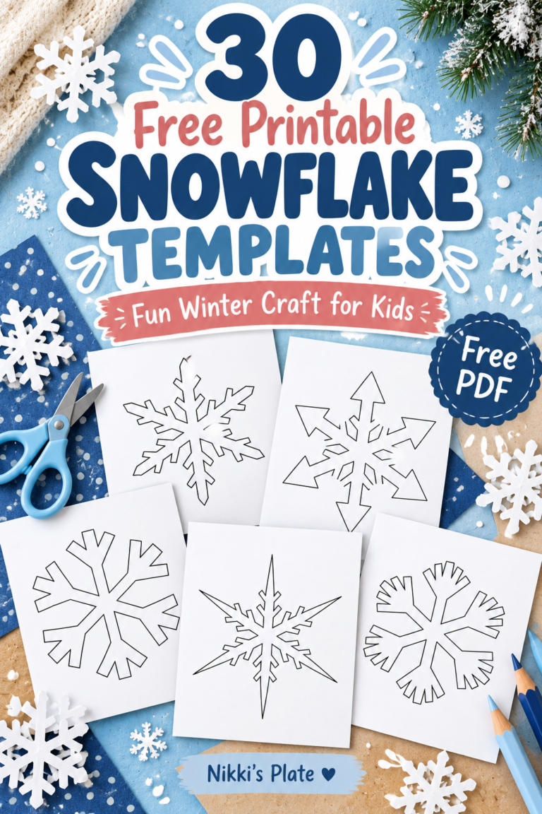 Looking for a fun winter craft for kids? ❄️ Grab these 30 FREE printable snowflake templates! From simple snowflake outlines to more detailed designs, these free PDF printables are perfect for paper snowflake crafts, colouring, cutting, and decorating. Great for preschool activities, classroom crafts, snowy days, and winter decorations. Download your free snowflake templates from Nikki's Plate!