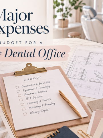Dental office startup costs featuring a budget checklist, calculator, construction plans, and modern dental office interior.