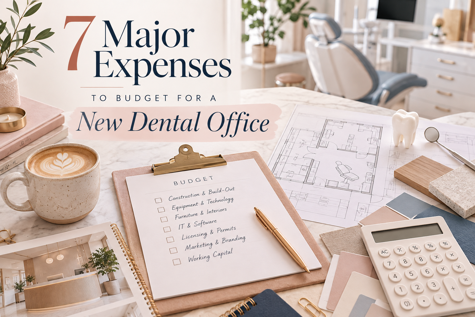 Dental office startup costs featuring a budget checklist, calculator, construction plans, and modern dental office interior.