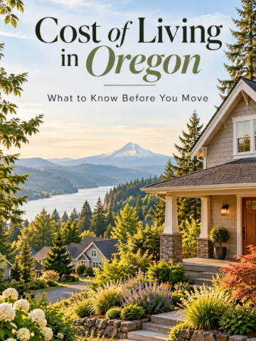 Scenic Oregon neighborhood with charming homes, evergreen forests, and mountain views, featuring a cost of living in Oregon guide for people planning to move.