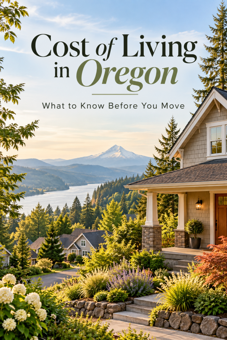 Scenic Oregon neighborhood with charming homes, evergreen forests, and mountain views, featuring a cost of living in Oregon guide for people planning to move.