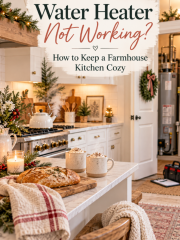Cozy farmhouse kitchen decorated for Christmas with warm lighting, steaming mugs, and a water heater in the background, featuring tips for what to do when your water heater stops working.