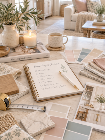 Home project planning with paint swatches, a notebook, and DIY decorating inspiration.