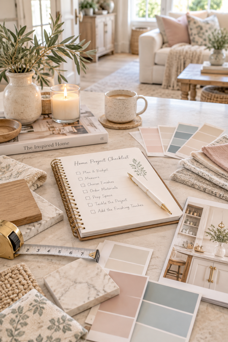 Home project planning with paint swatches, a notebook, and DIY decorating inspiration.