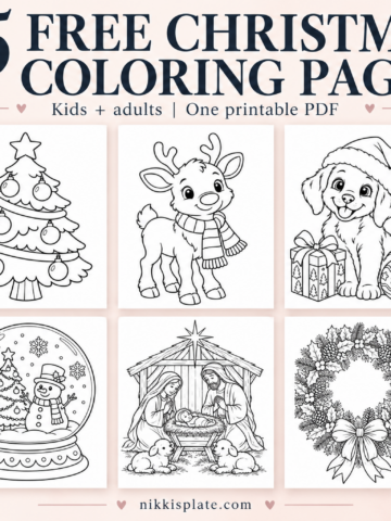 Six previews from a collection of 25 free Christmas coloring pages for kids and adults, including a tree, reindeer, puppy, snow globe, Nativity and wreath.