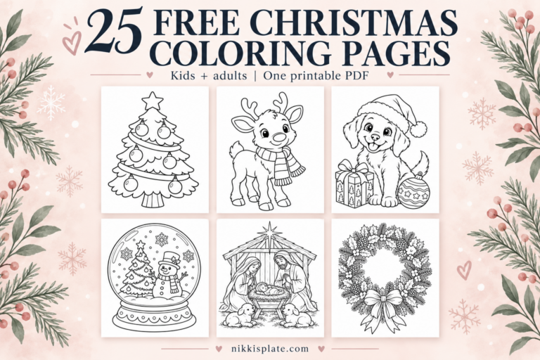 Six previews from a collection of 25 free Christmas coloring pages for kids and adults, including a tree, reindeer, puppy, snow globe, Nativity and wreath.