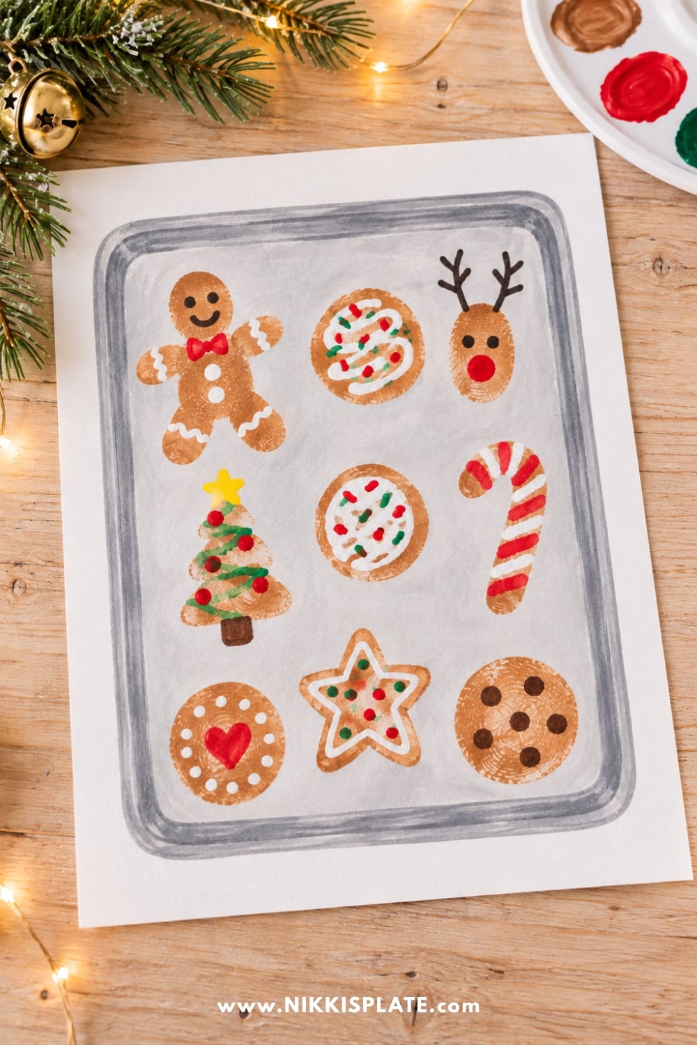 Easy fingerprint Christmas cookie craft for kids featuring nine festive painted cookies with colorful icing on a hand-drawn baking tray.