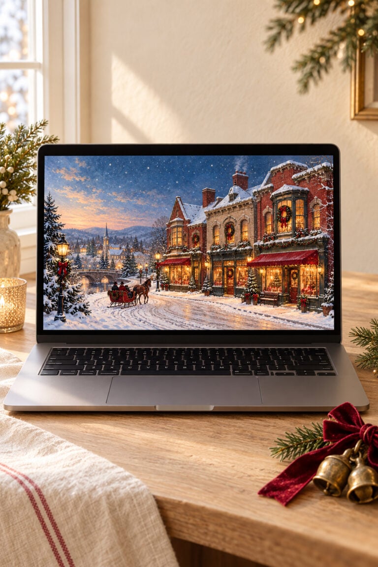 Laptop displaying a vintage Christmas village wallpaper on a wood desk with brass bells and a red velvet bow.