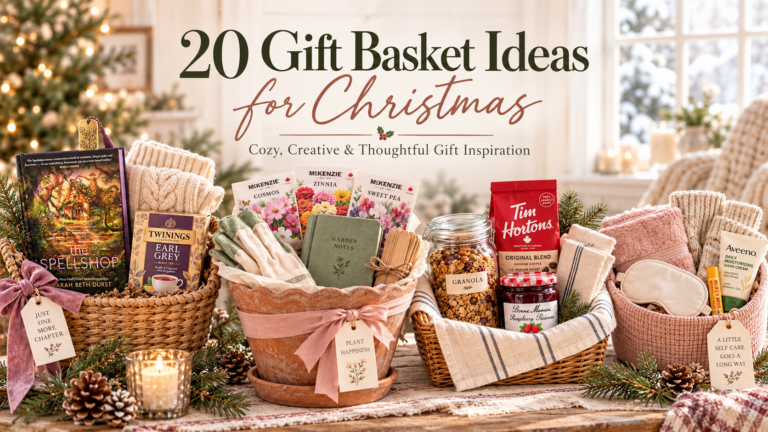 Four Christmas gift baskets with coffee, cosy knitwear, popcorn, and blush ribbon on a pale oak table.