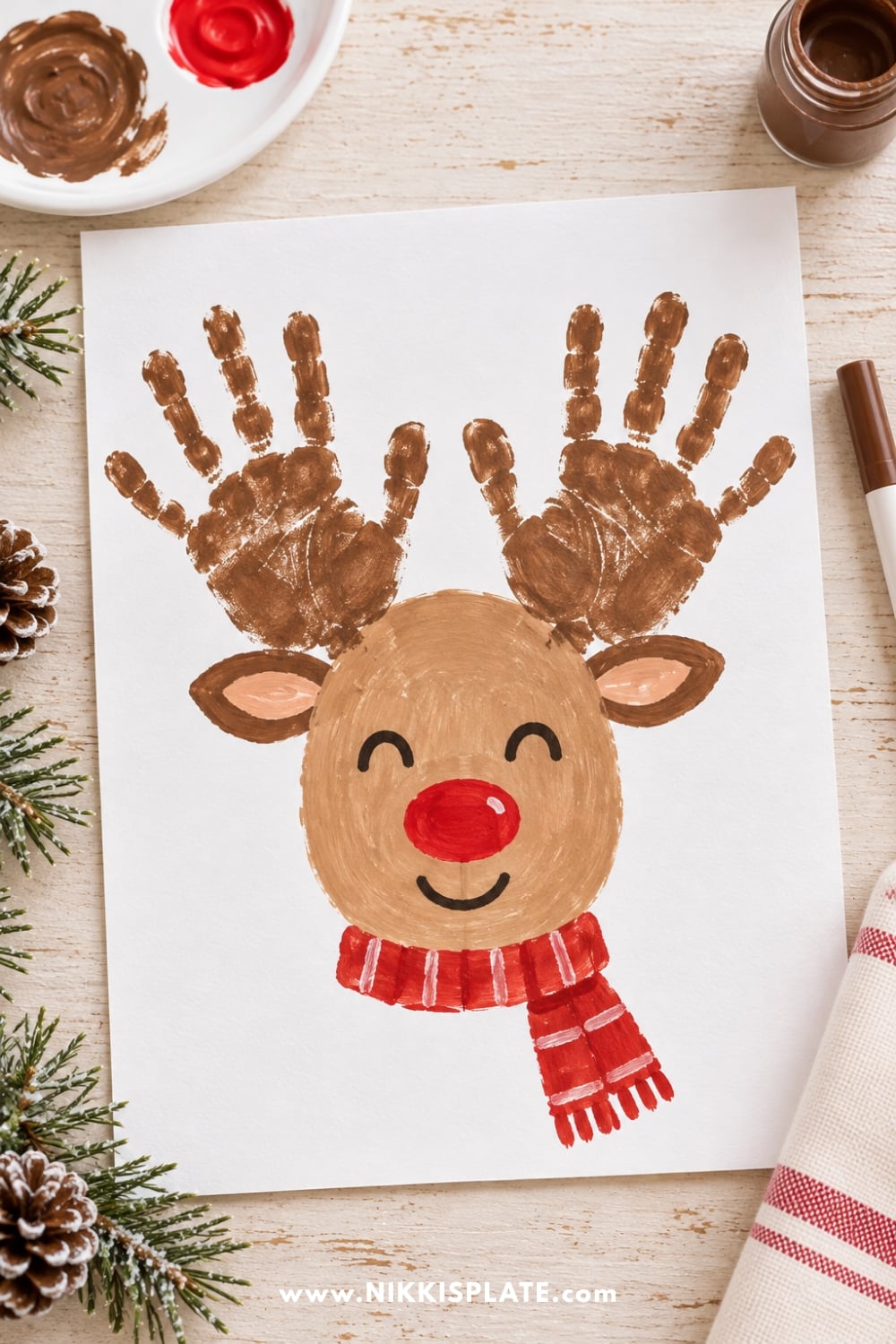 Cute Christmas reindeer craft for kids featuring two brown handprint antlers, a smiling face, red nose, and festive scarf.