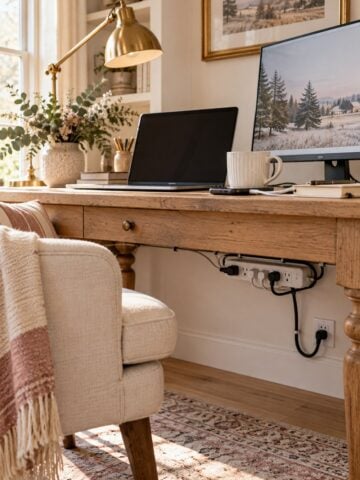 Cozy farmhouse home office with an oak desk, laptop, brass lamp, and mounted power strip for organized electrical access.