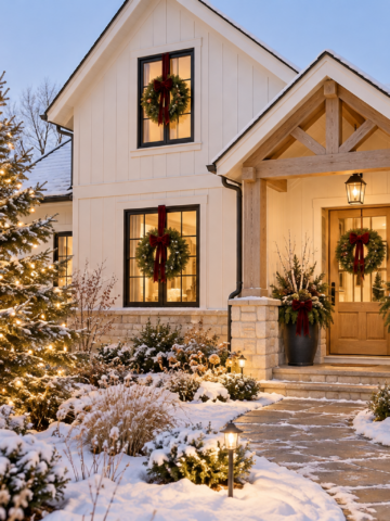 Cream farmhouse decorated with evergreen window wreaths, burgundy bows, winter planters and a glowing outdoor Christmas tree.