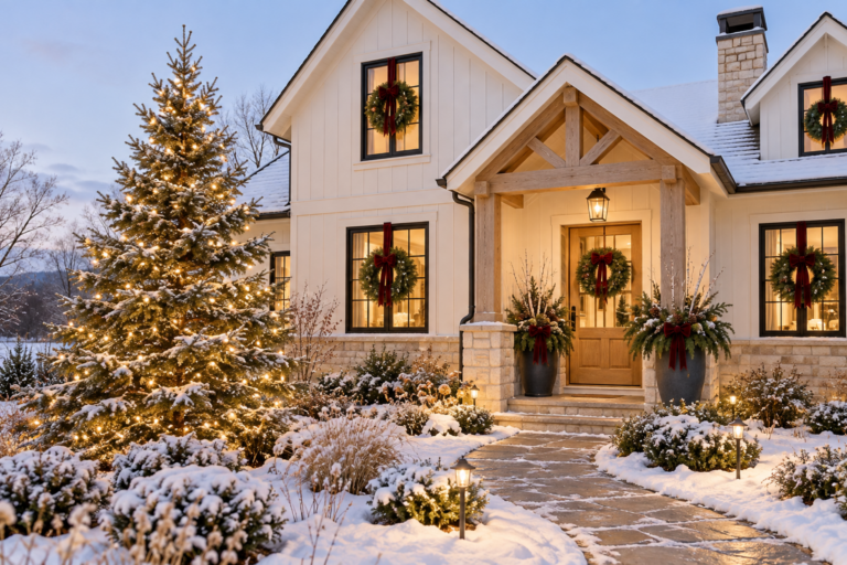Cream farmhouse decorated with evergreen window wreaths, burgundy bows, winter planters and a glowing outdoor Christmas tree.