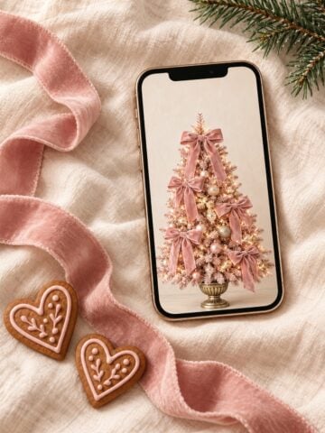 Phone displaying a pink Christmas tree wallpaper beside dusty rose velvet ribbon, gingerbread heart cookies and evergreen on cream linen.
