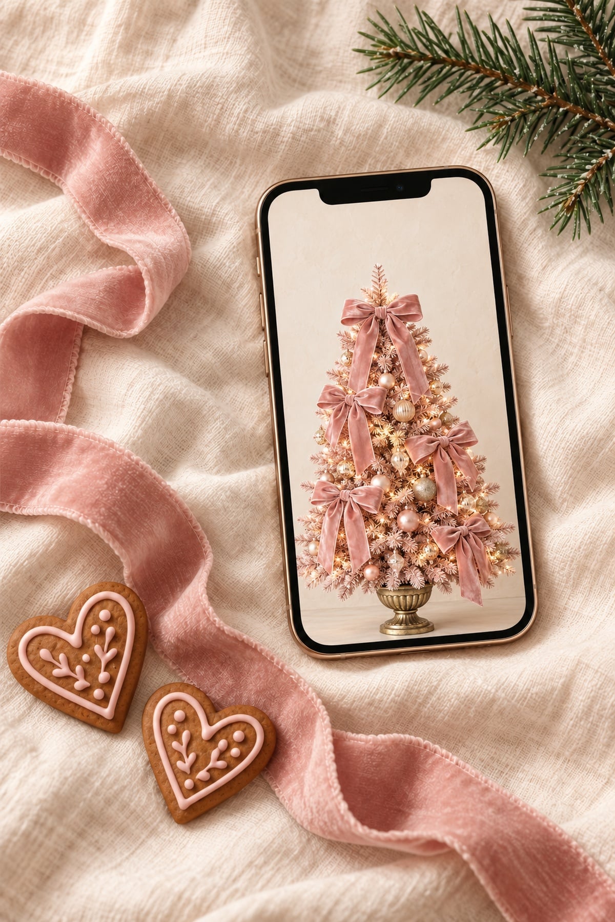 Phone displaying a pink Christmas tree wallpaper beside dusty rose velvet ribbon, gingerbread heart cookies and evergreen on cream linen.