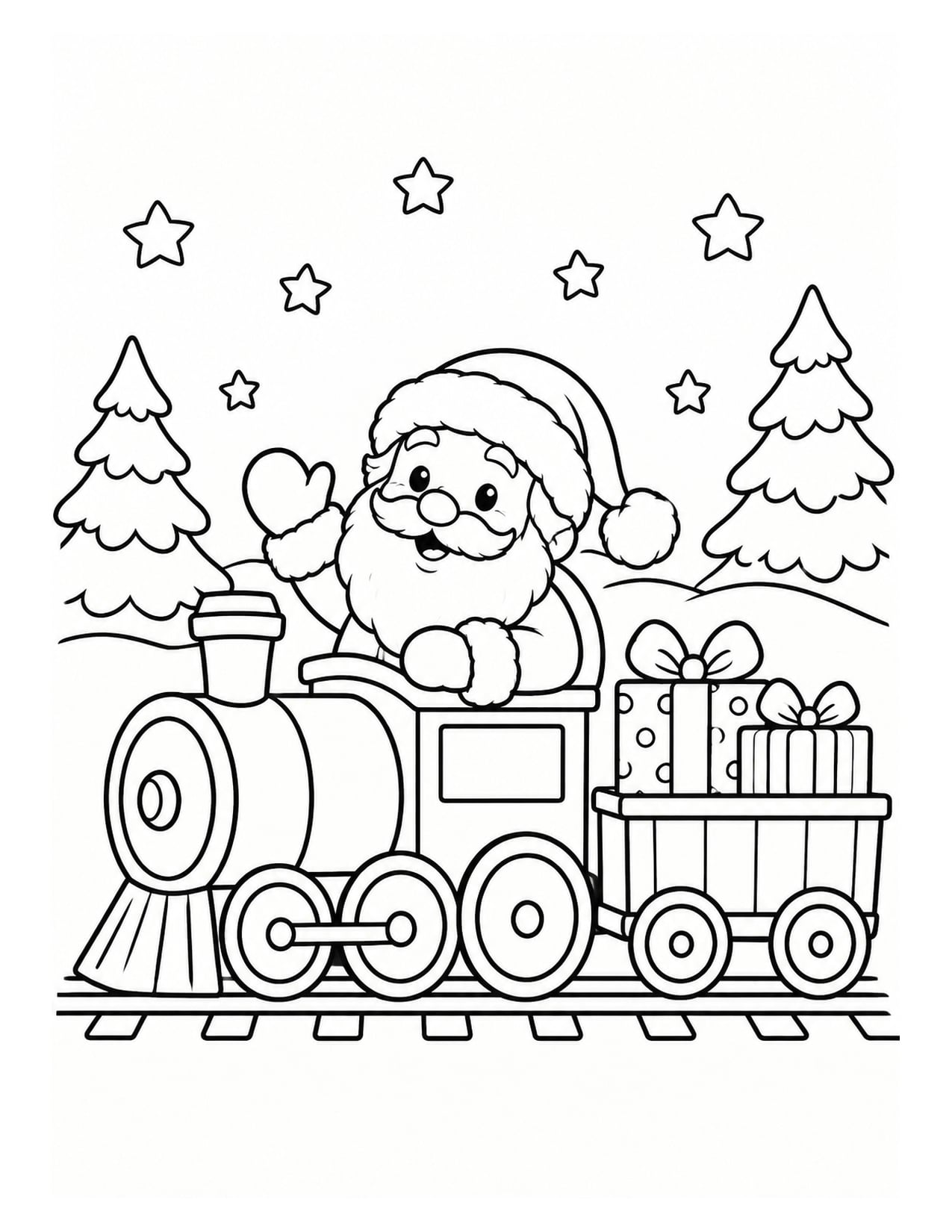 Santa driving a small train with one carriage of presents coloring page.