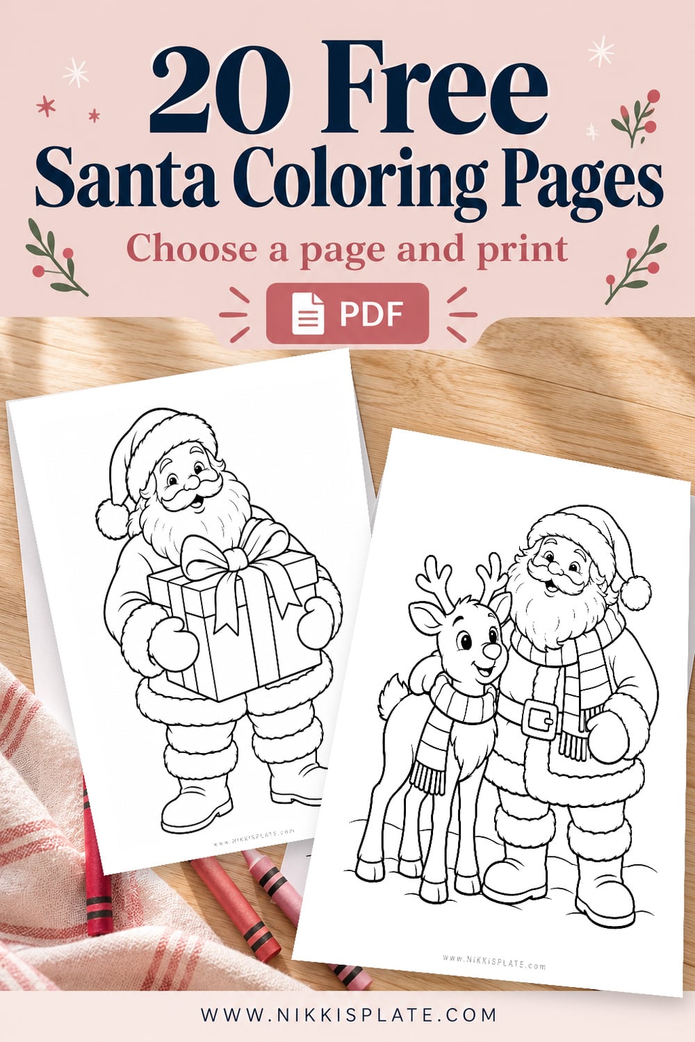 Pinterest graphic featuring 20 free Santa coloring pages for kids, with printable Santa and reindeer illustrations, Christmas crayons, and a free PDF download label.