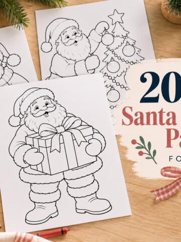 Free Santa coloring pages for kids displayed on a cozy Christmas craft table with crayons, festive decorations, and printable Santa illustrations.