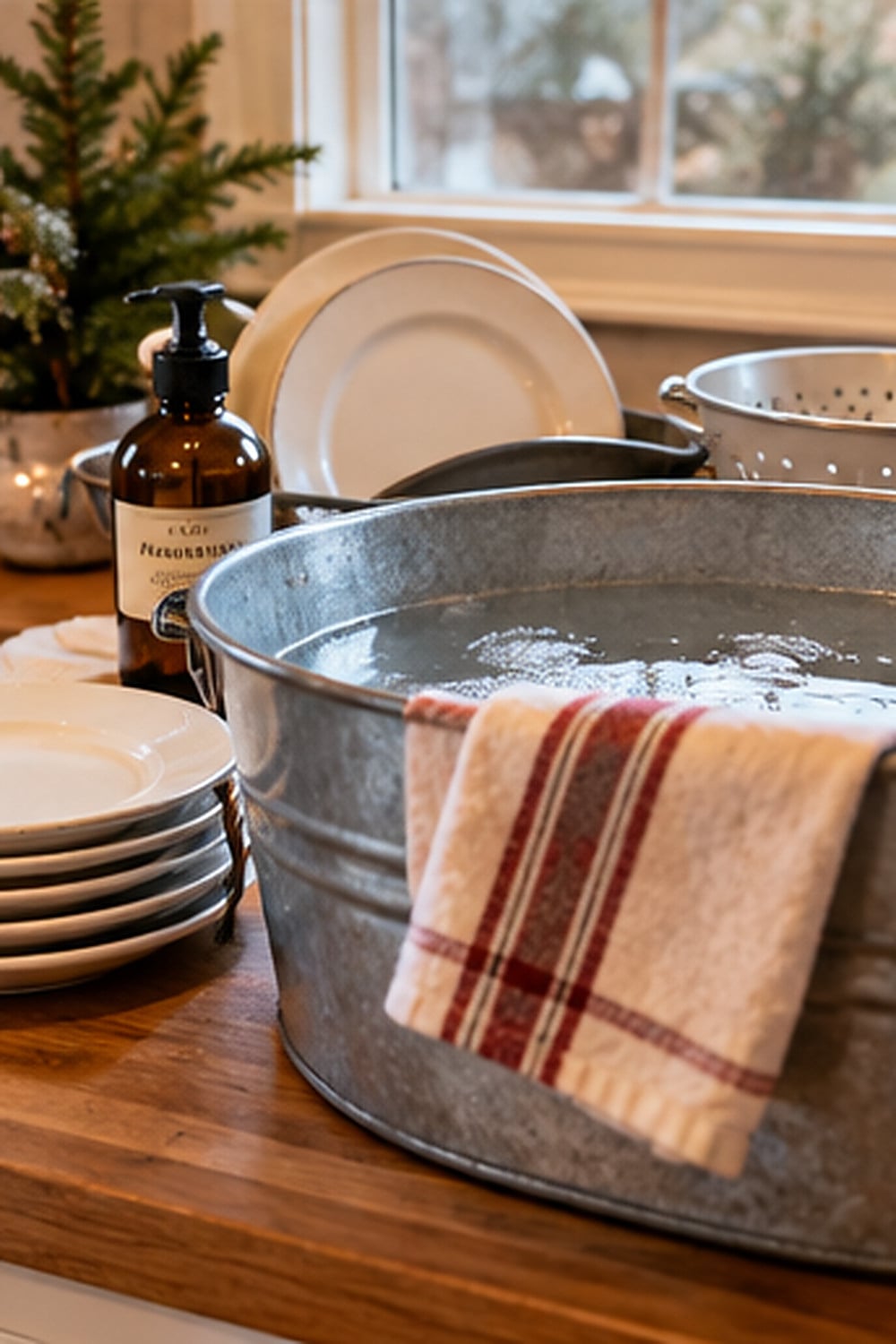 Rustic farmhouse kitchen with a metal wash basin, dish towels, and dishes for washing up when the water heater stops working.