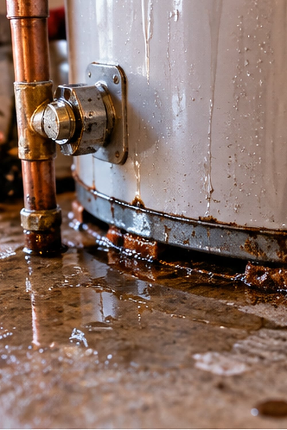 Leaking water heater with moisture pooling around the base, one of the common warning signs of water heater failure.