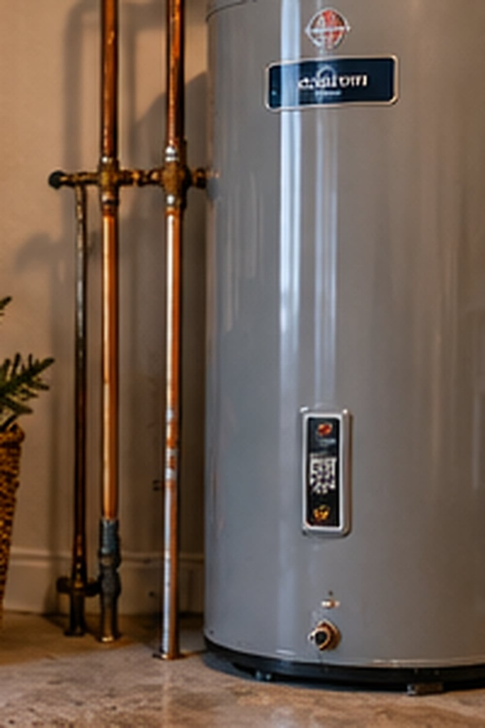 Traditional tank water heater with copper plumbing in a farmhouse utility room.